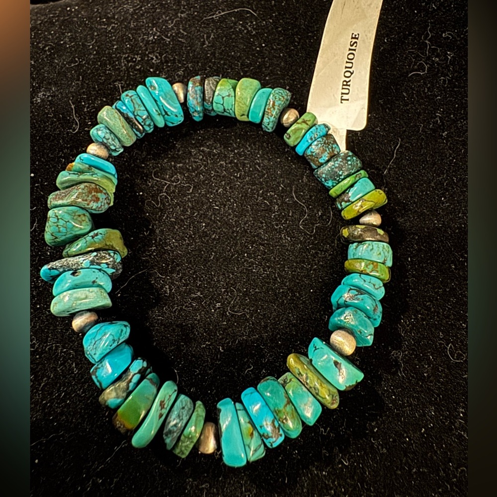 Vintage Sterling Silver Blue Turquoise Beaded Stretch Bracelet